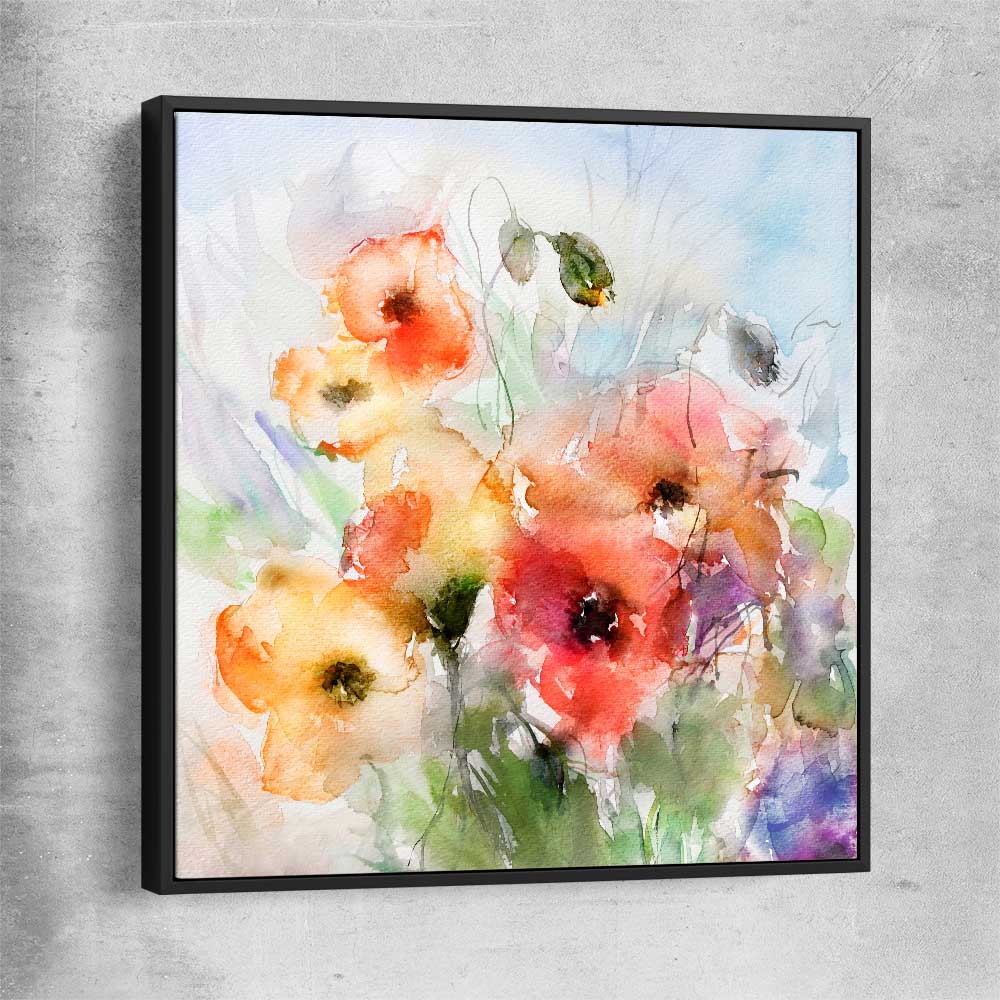 Floral print of Red Watercolour Poppies with black framed canvas