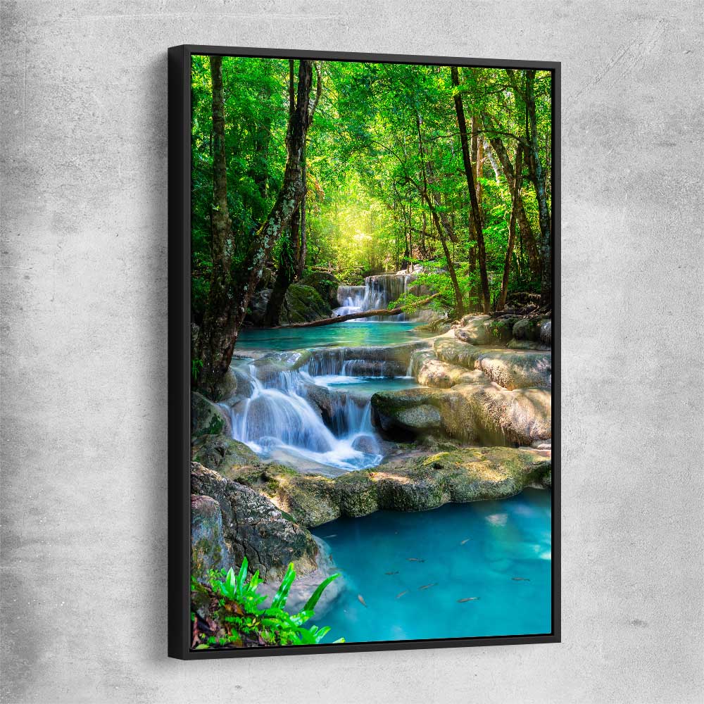 Floral print of Tropical Thailand Waterfall with black framed canvas