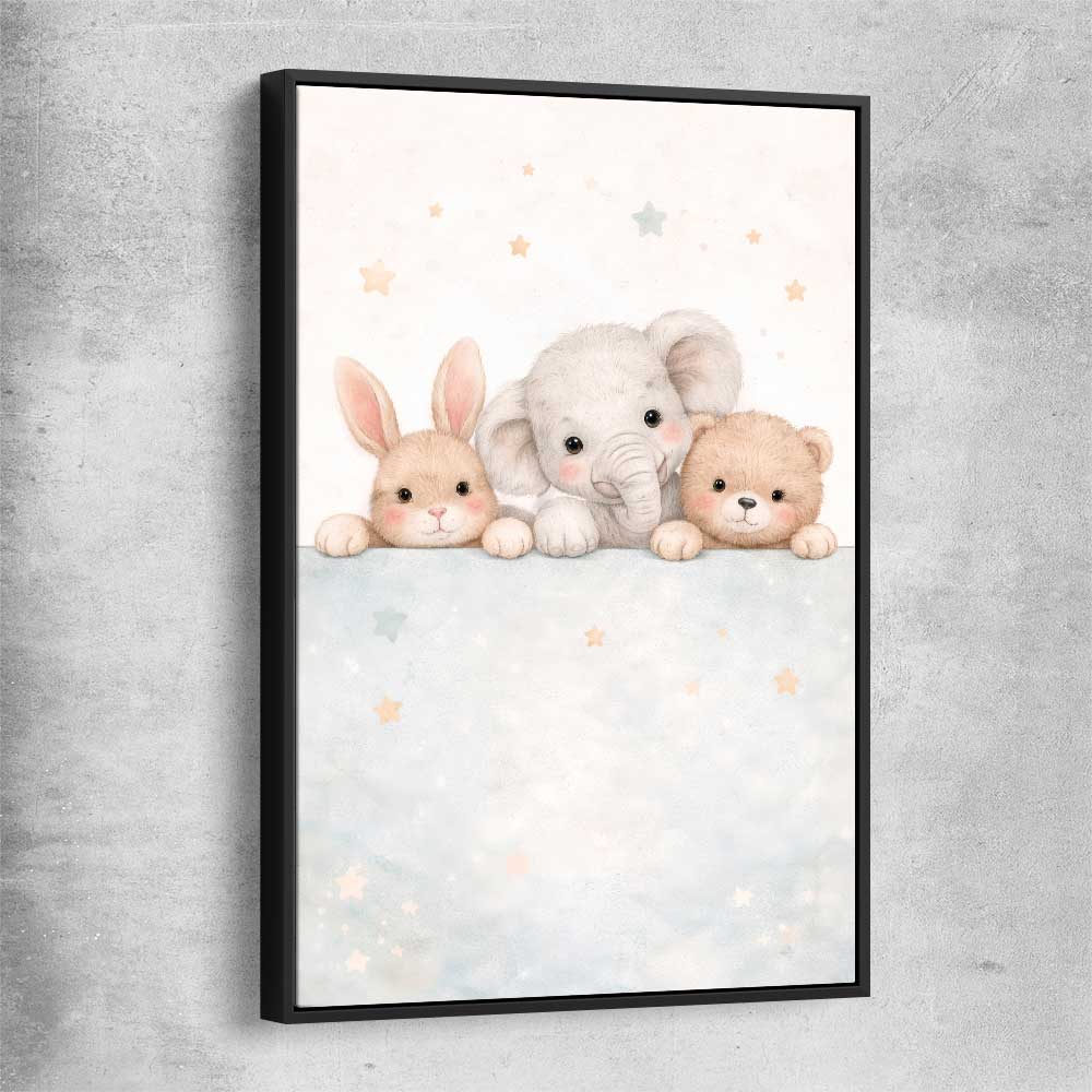 Baby Animal Trio black framed canvas is a nursery canvas wall art and print suited for childrens nursery area