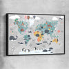 Cartoon World Map black framed canvas is a nursery canvas wall art and print suited for childrens nursery area