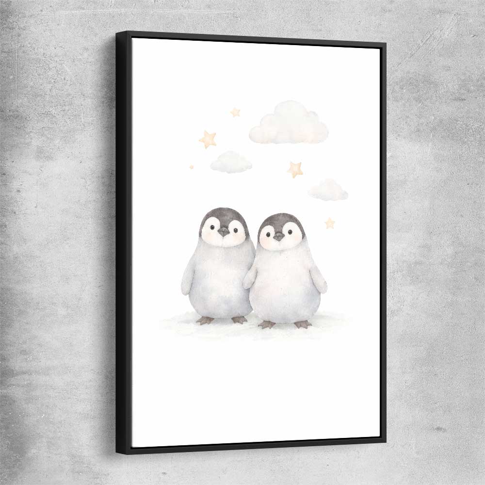 Cute Penguins black framed canvas is a nursery canvas wall art and print suited for childrens nursery area