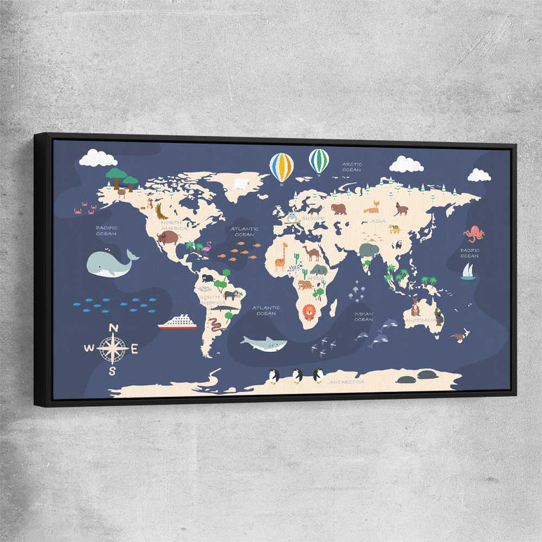 Discovery Map black framed canvas is a nursery canvas wall art and print suited for childrens nursery area