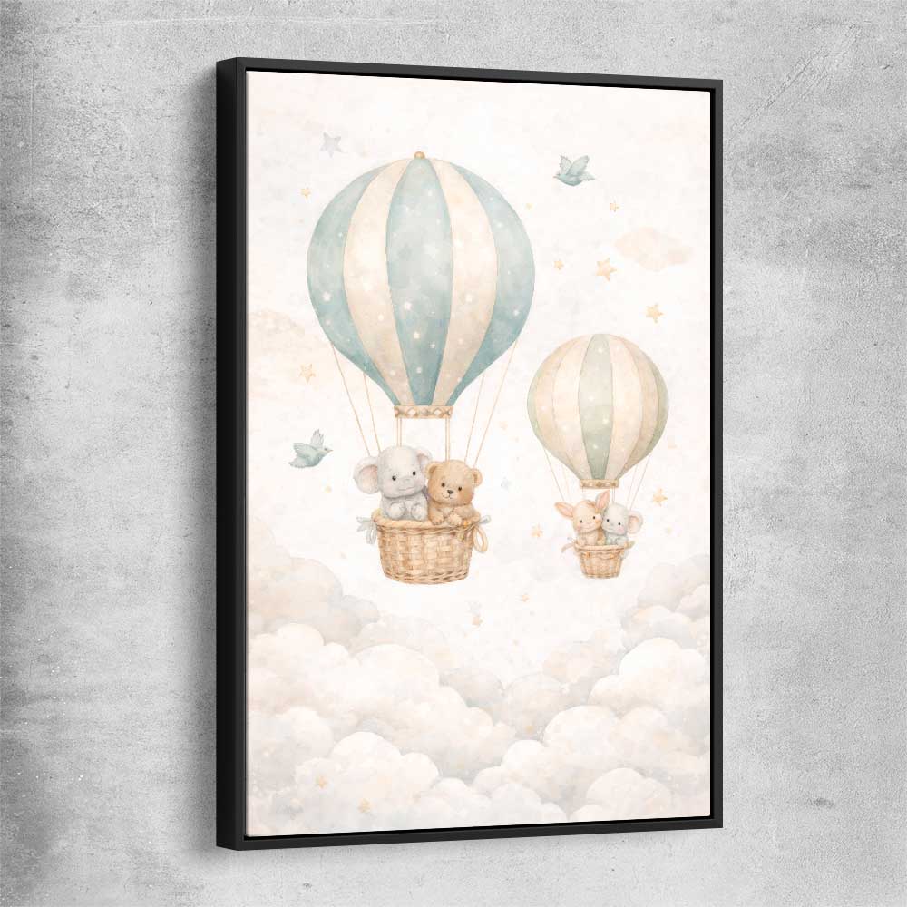 Floating Dreams black framed canvas is a nursery canvas wall art and print suited for childrens nursery area