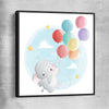 Flying Baby Elephant black framed canvas is a nursery canvas wall art and print suited for childrens nursery area
