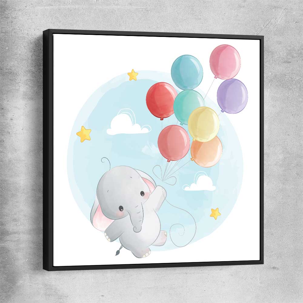 Flying Baby Elephant black framed canvas is a nursery canvas wall art and print suited for childrens nursery area
