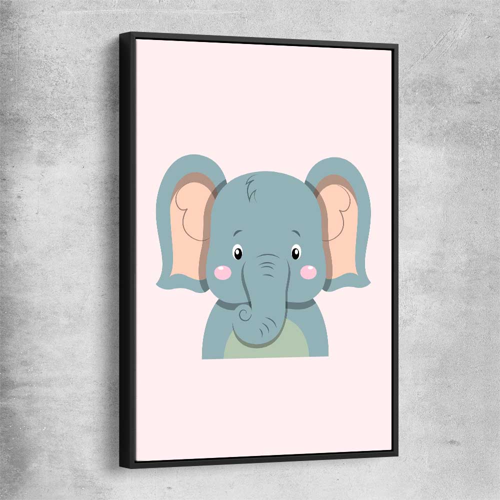 Friendly Elephant black framed canvas is a nursery canvas wall art and print suited for childrens nursery area