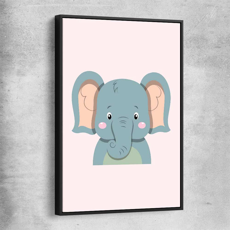 Friendly Elephant black framed canvas is a nursery canvas wall art and print suited for childrens nursery area