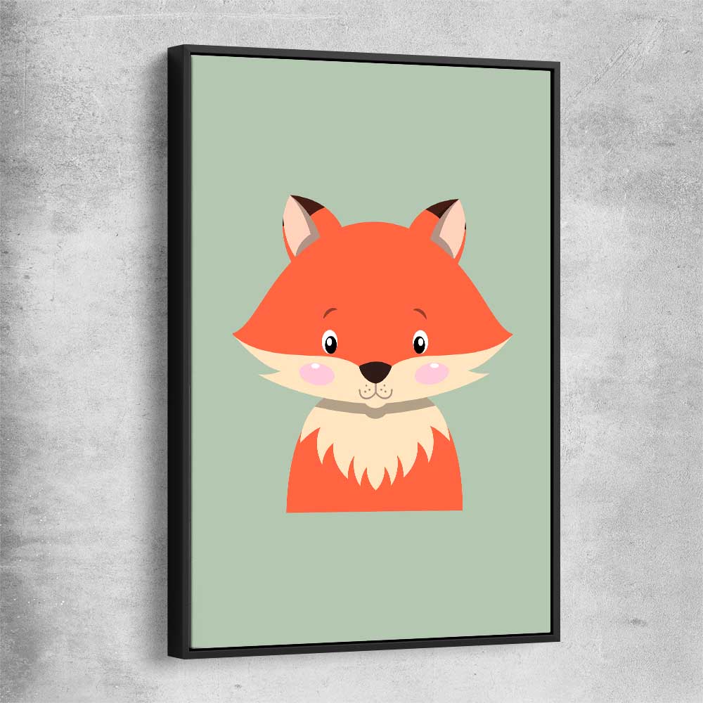 Friendly Fox black framed canvas is a nursery canvas wall art and print suited for childrens nursery area