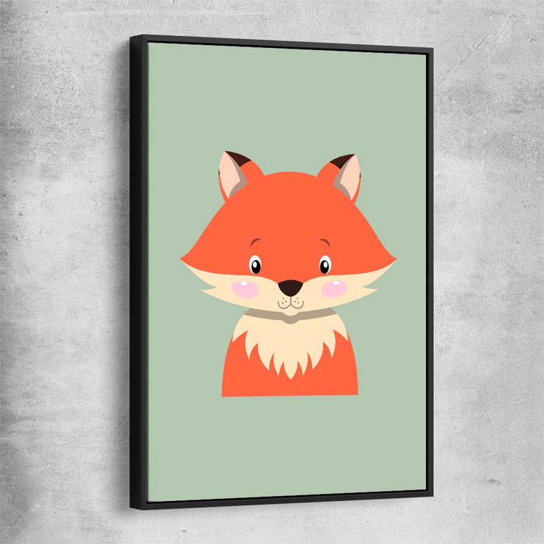 Friendly Fox black framed canvas is a nursery canvas wall art and print suited for childrens nursery area