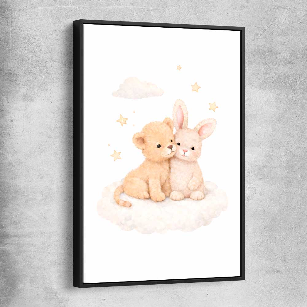 Hugs of Happiness black framed canvas is a nursery canvas wall art and print suited for childrens nursery area