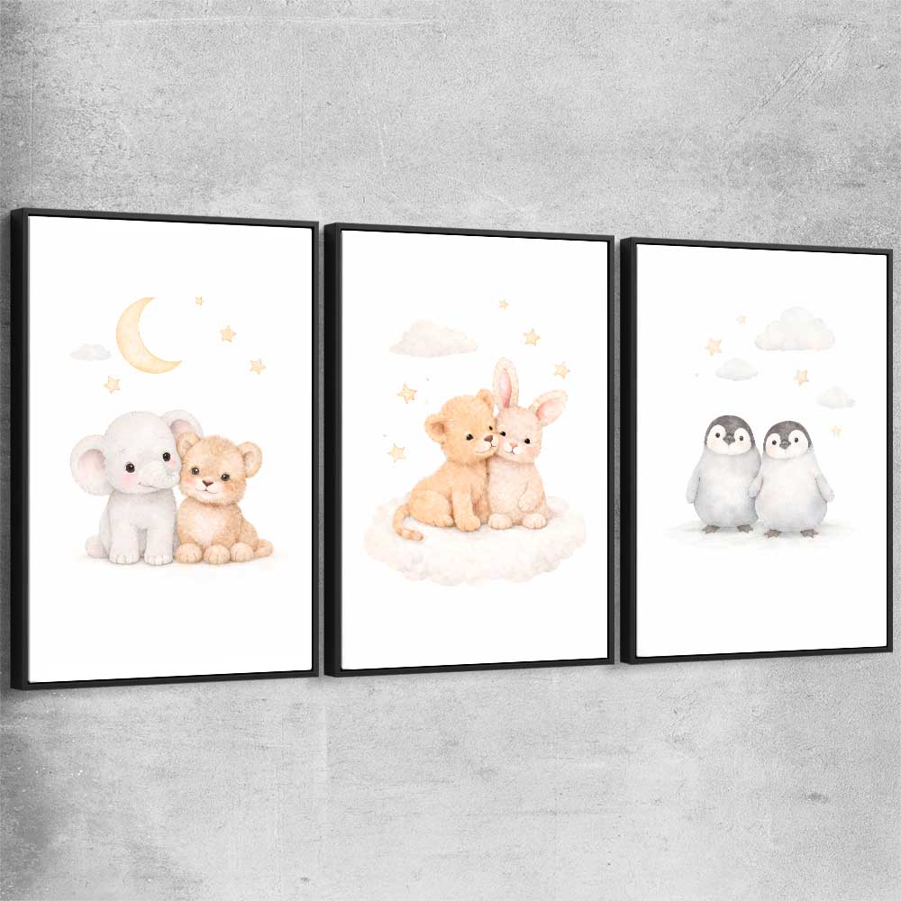 Moonlight Companions Set black framed canvas is a nursery canvas wall art and print suited for childrens nursery area