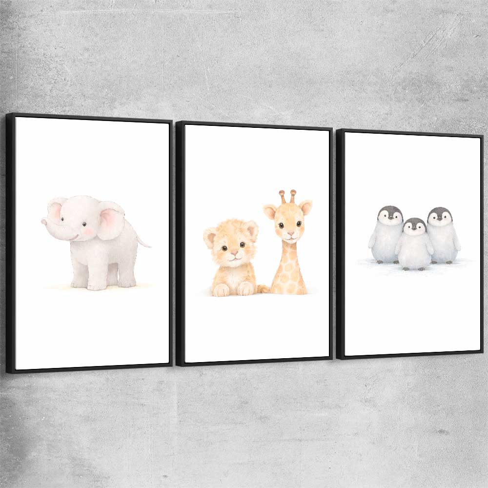 Little Animals Set black framed canvas is a nursery canvas wall art and print suited for childrens nursery area