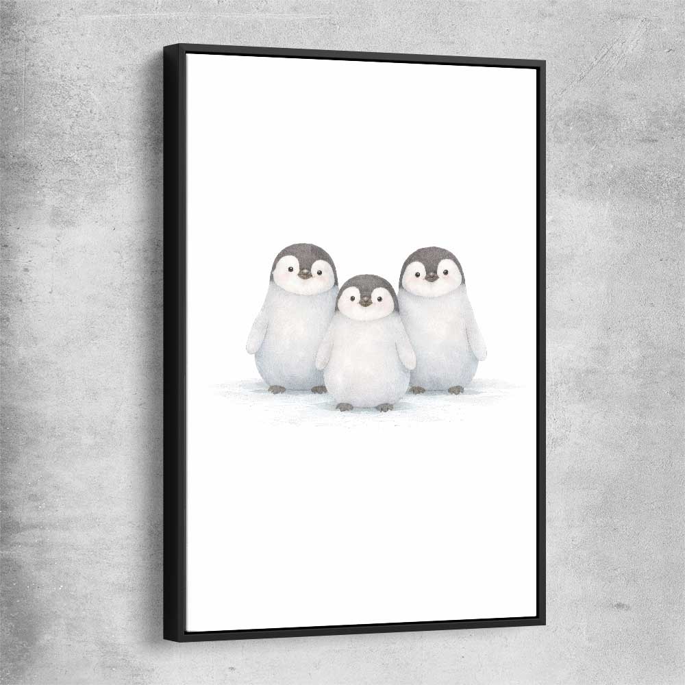 Little Penguin Trio black framed canvas is a nursery canvas wall art and print suited for childrens nursery area