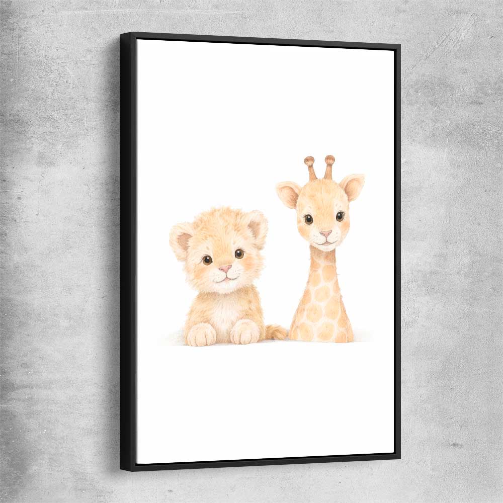 Little Safari Friends black framed canvas is a nursery canvas wall art and print suited for childrens nursery area