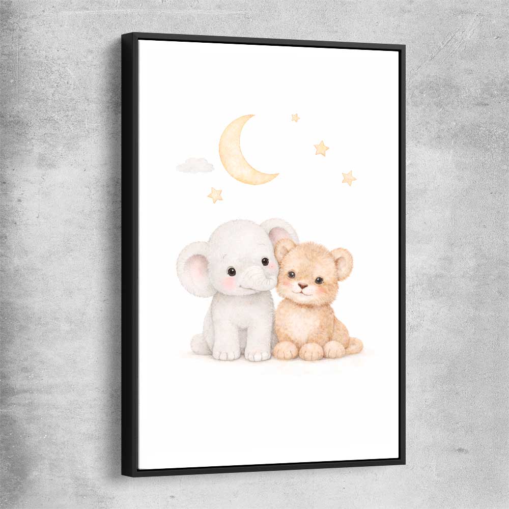 Moonlight Companions black framed canvas is a nursery canvas wall art and print suited for childrens nursery area