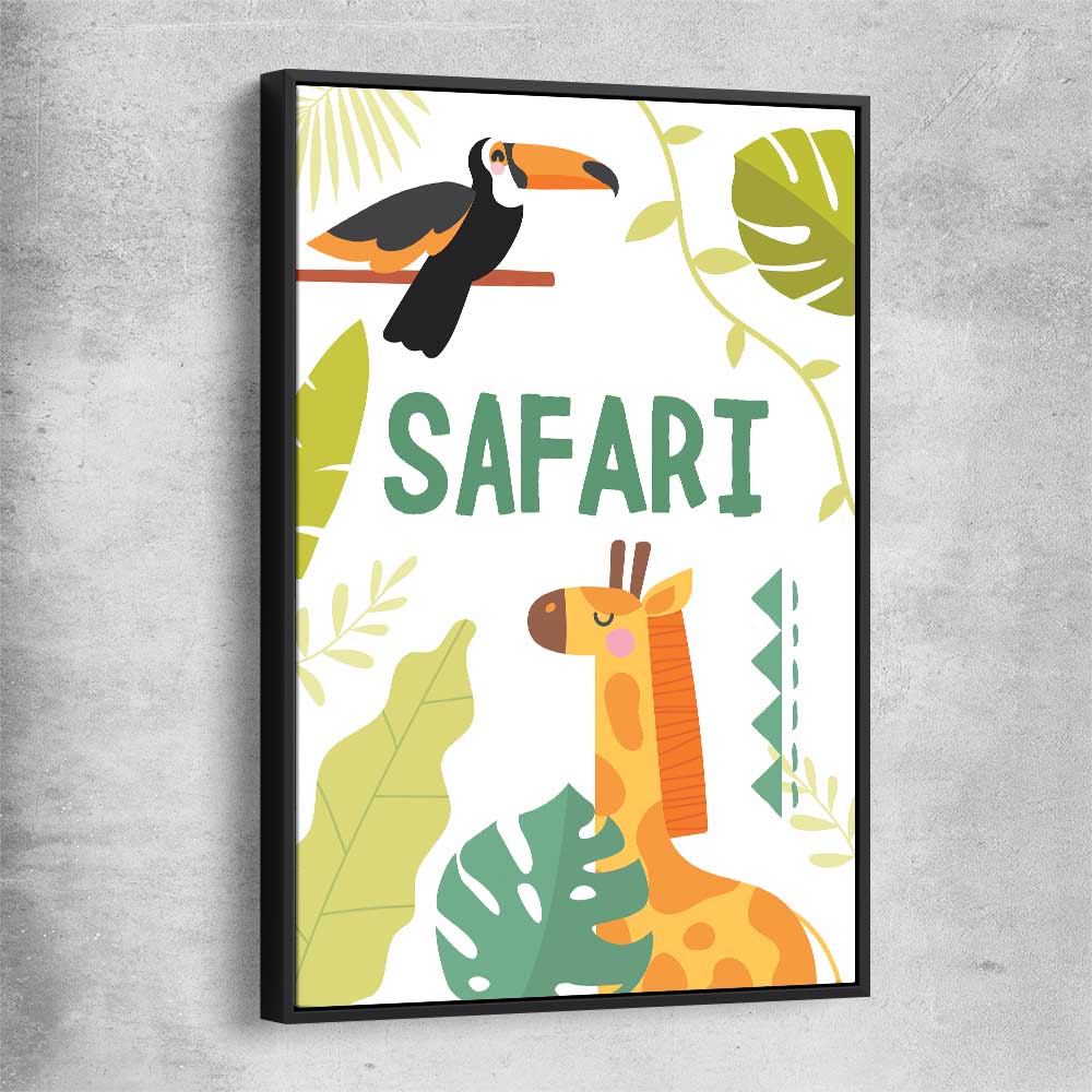 Safari Roaming black framed canvas is a nursery canvas wall art and print suited for childrens nursery area