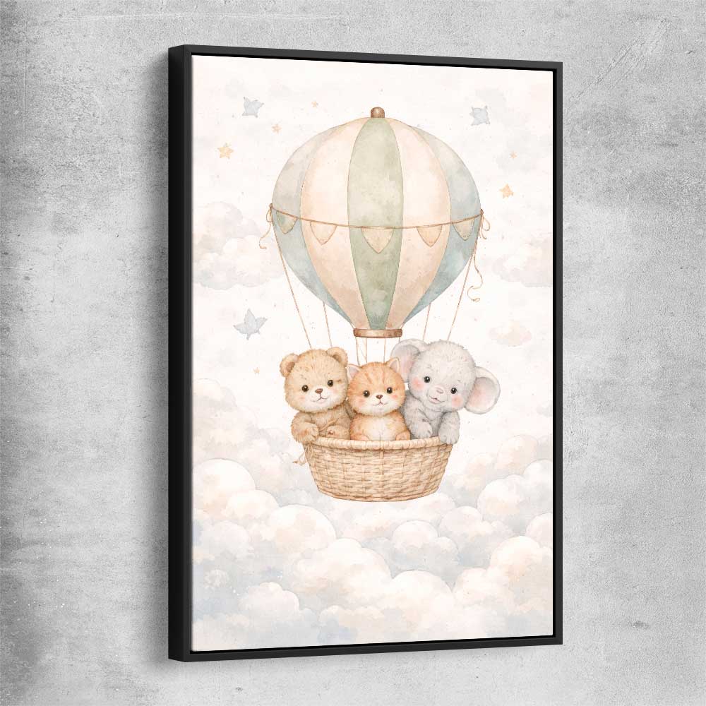 Soaring Animal Trio black framed canvas is a nursery canvas wall art and print suited for childrens nursery area