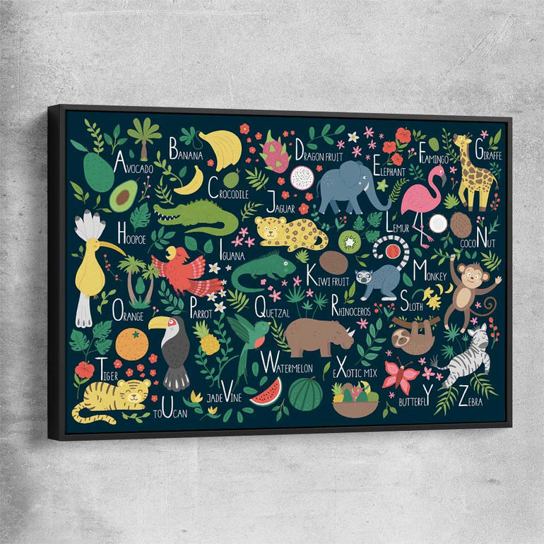 Tropical Alphabet black framed canvas is a nursery canvas wall art and print suited for childrens nursery area