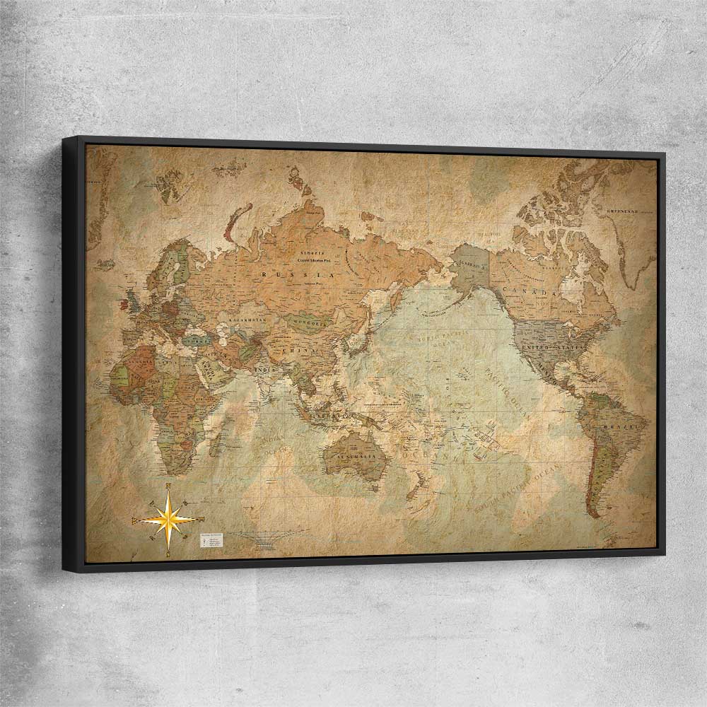 Antique World black framed canvas is a high quality print in our city skyline, travel prints and maps collection