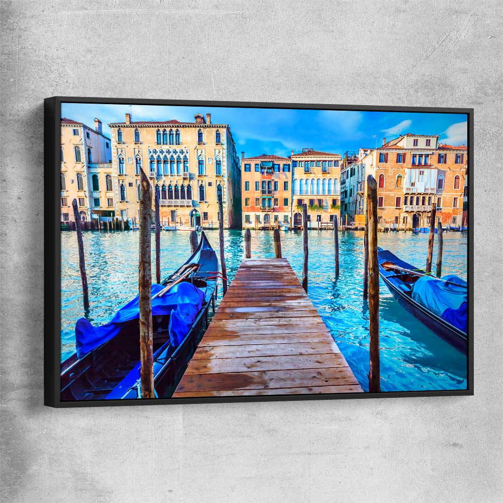 Blue Gondolas Venice black framed canvas is a high quality print in our city skyline, travel prints and maps collection