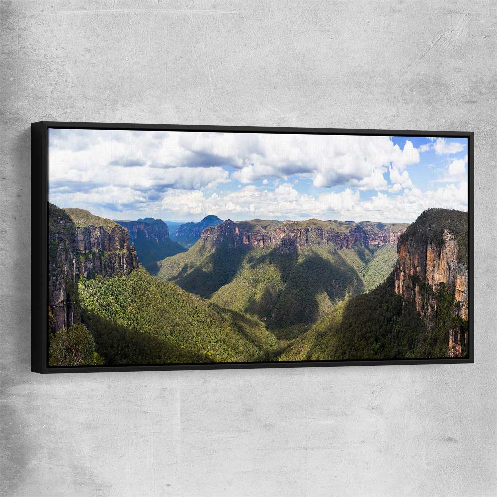 Blue Mountains Valley black framed canvas is a high quality print in our city skyline, travel prints and maps collection
