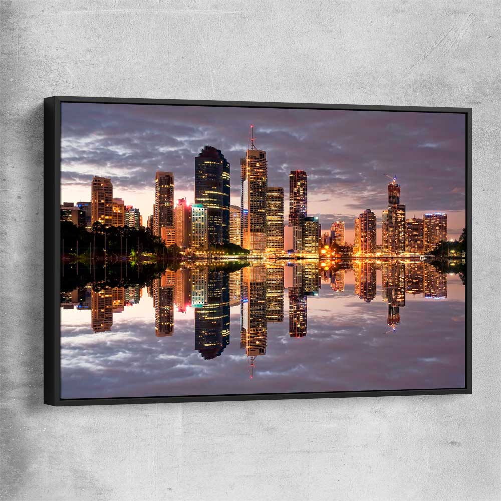 Brisbane City Reflections black framed canvas is a high quality print in our city skyline, travel prints and maps collection