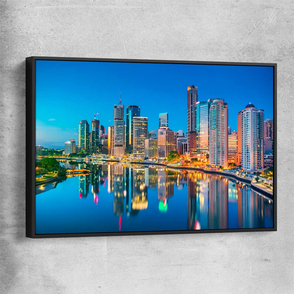 Brisbane Dawn Reflections black framed canvas is a high quality print in our city skyline, travel prints and maps collection