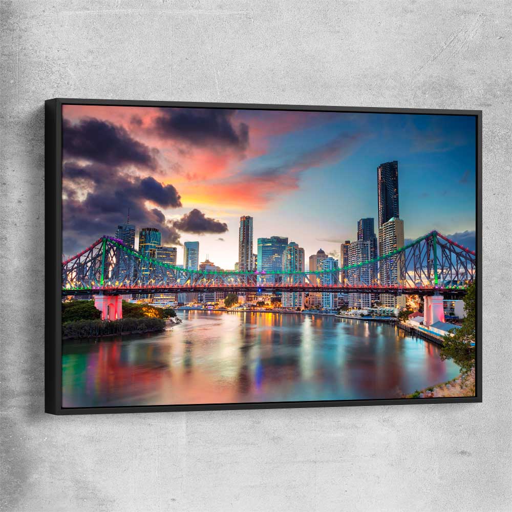 Brisbane Evening Sunset black framed canvas is a high quality print in our city skyline, travel prints and maps collection
