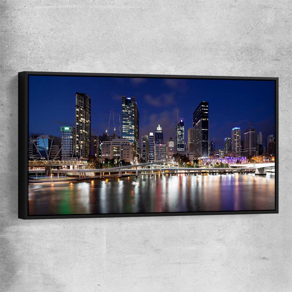 Brisbane Southbank Glow black framed canvas is a high quality print in our city skyline, travel prints and maps collection