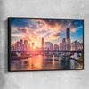 Brisbane Sunset Glow black framed canvas is a high quality print in our city skyline, travel prints and maps collection