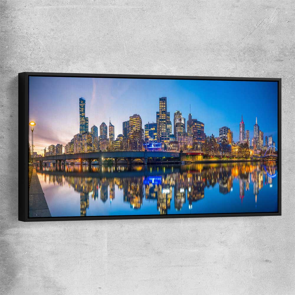 City Reflections Melbourne black framed canvas is a high quality print in our city skyline, travel prints and maps collection