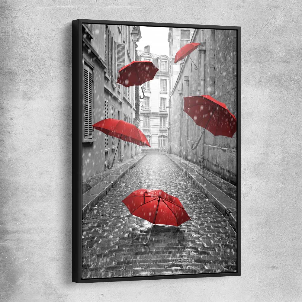 Flying Red Umbrellas black framed canvas is a high quality print in our city skyline, travel prints and maps collection