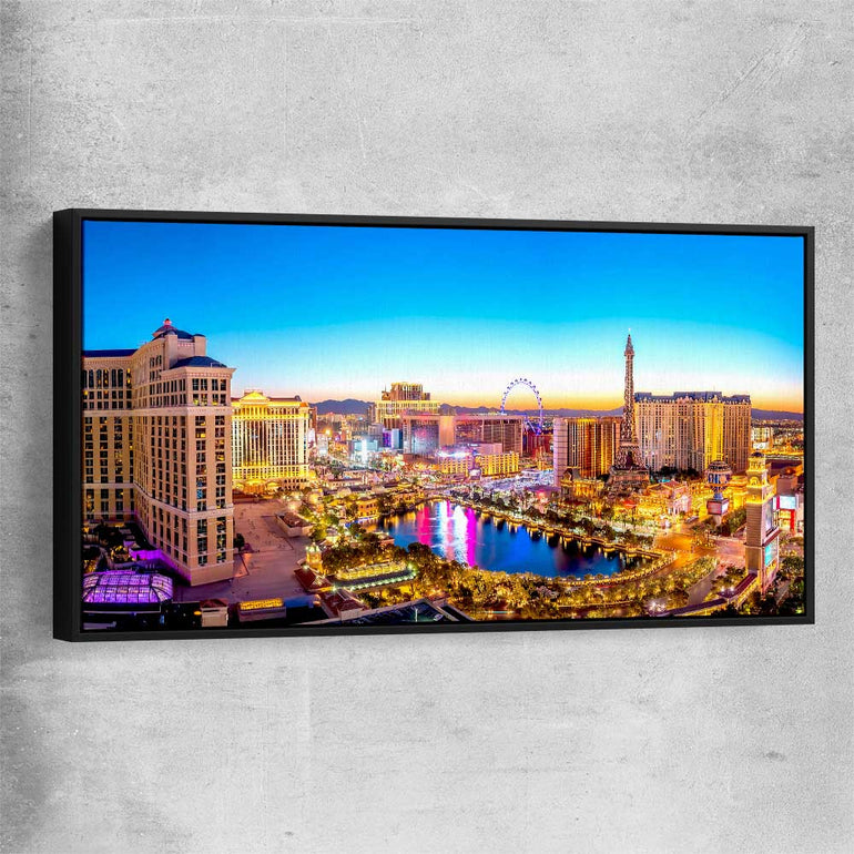 Golden Vegas black framed canvas is a high quality print in our city skyline, travel prints and maps collection