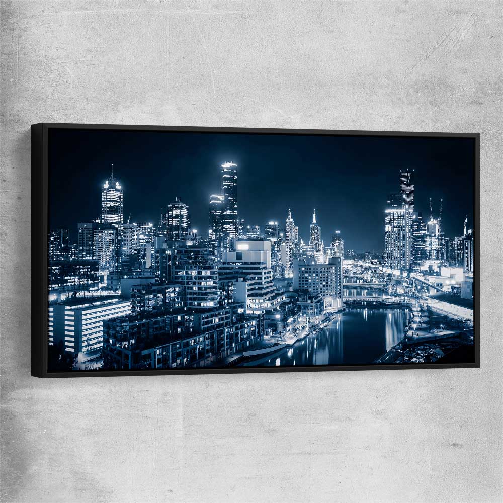 Melbourne City Glow black framed canvas is a high quality print in our city skyline, travel prints and maps collection