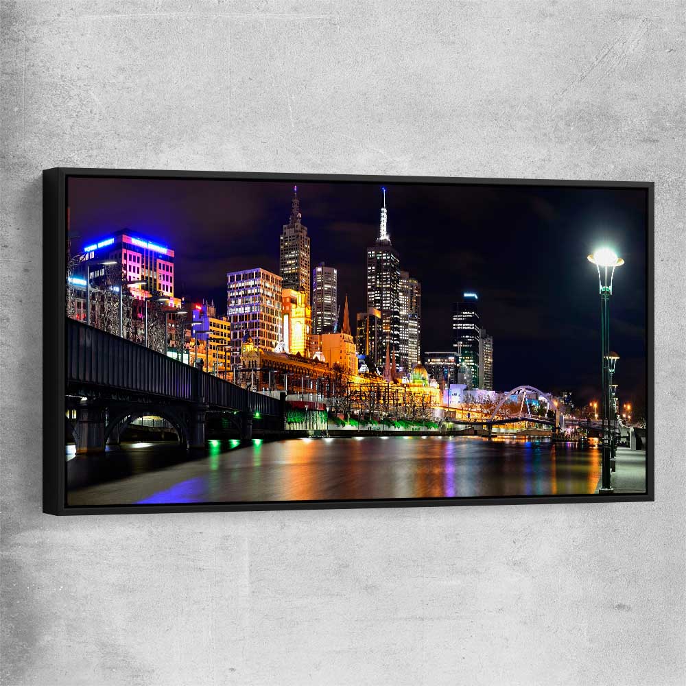 Melbourne City Lights black framed canvas is a high quality print in our city skyline, travel prints and maps collection