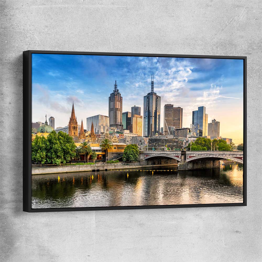Melbourne Golden Skyline black framed canvas is a high quality print in our city skyline, travel prints and maps collection
