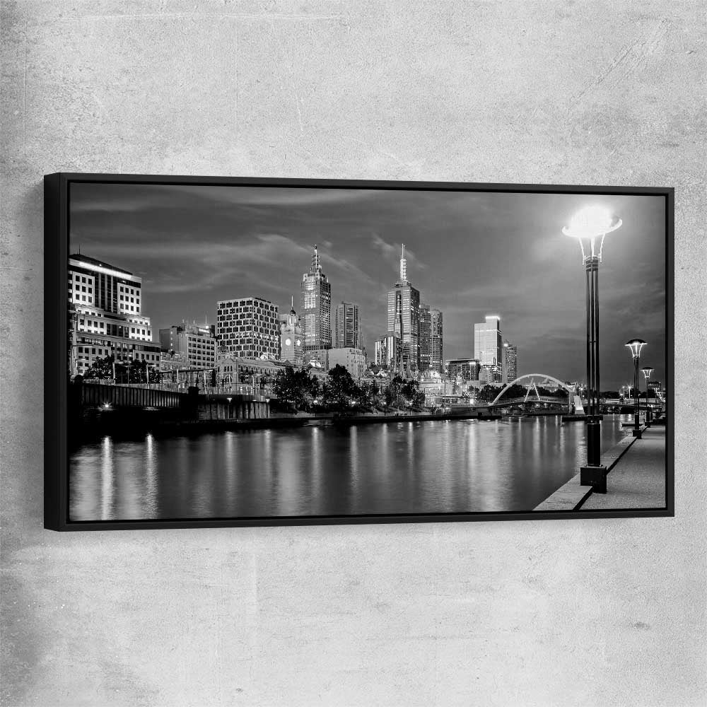 Melbourne Skyline black framed canvas is a high quality print in our city skyline, travel prints and maps collection
