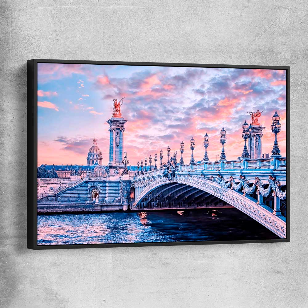 Paris Bridge Sunset black framed canvas is a high quality print in our city skyline, travel prints and maps collection