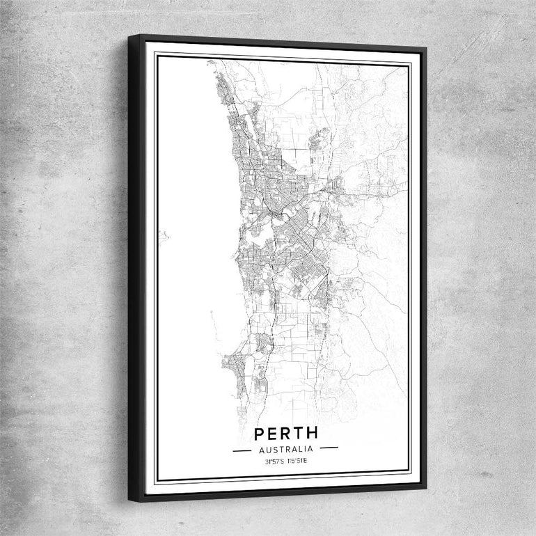 Perth City black framed canvas is a high quality print in our city skyline, travel prints and maps collection