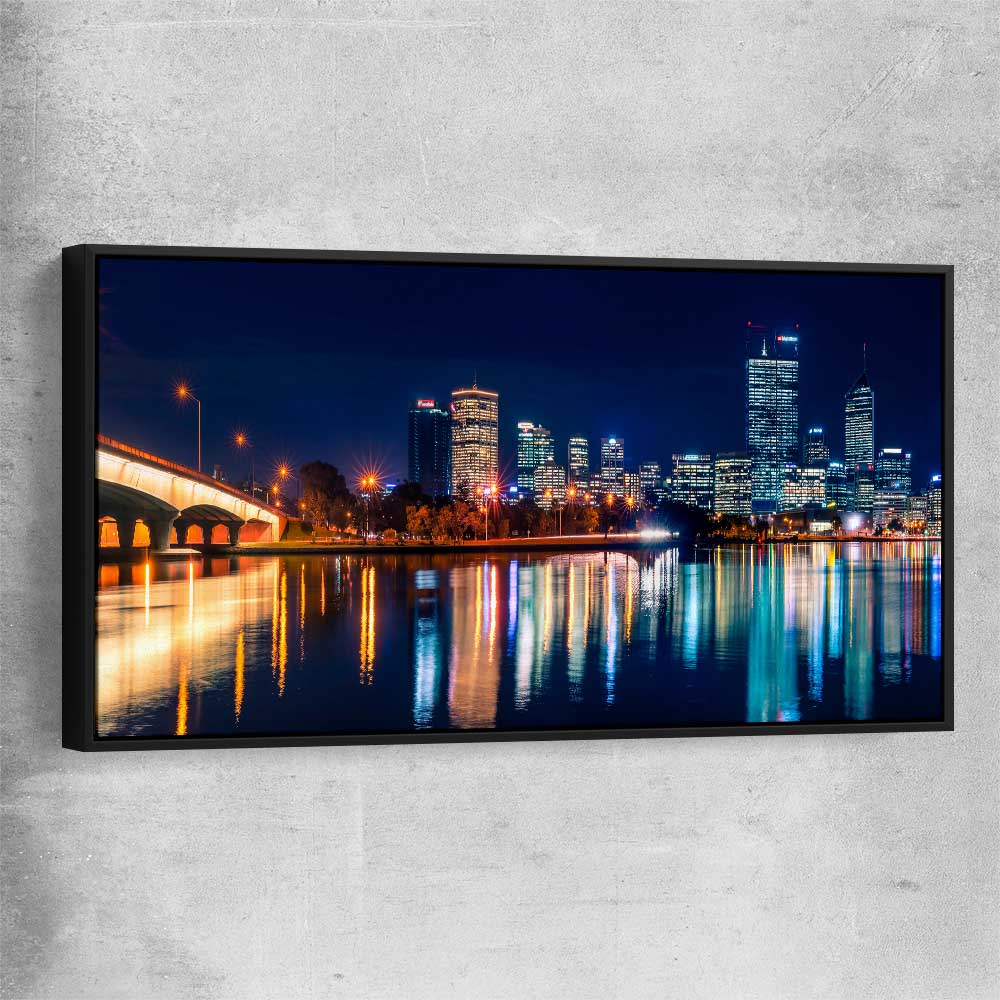 Perth Skyline Glow black framed canvas is a high quality print in our city skyline, travel prints and maps collection