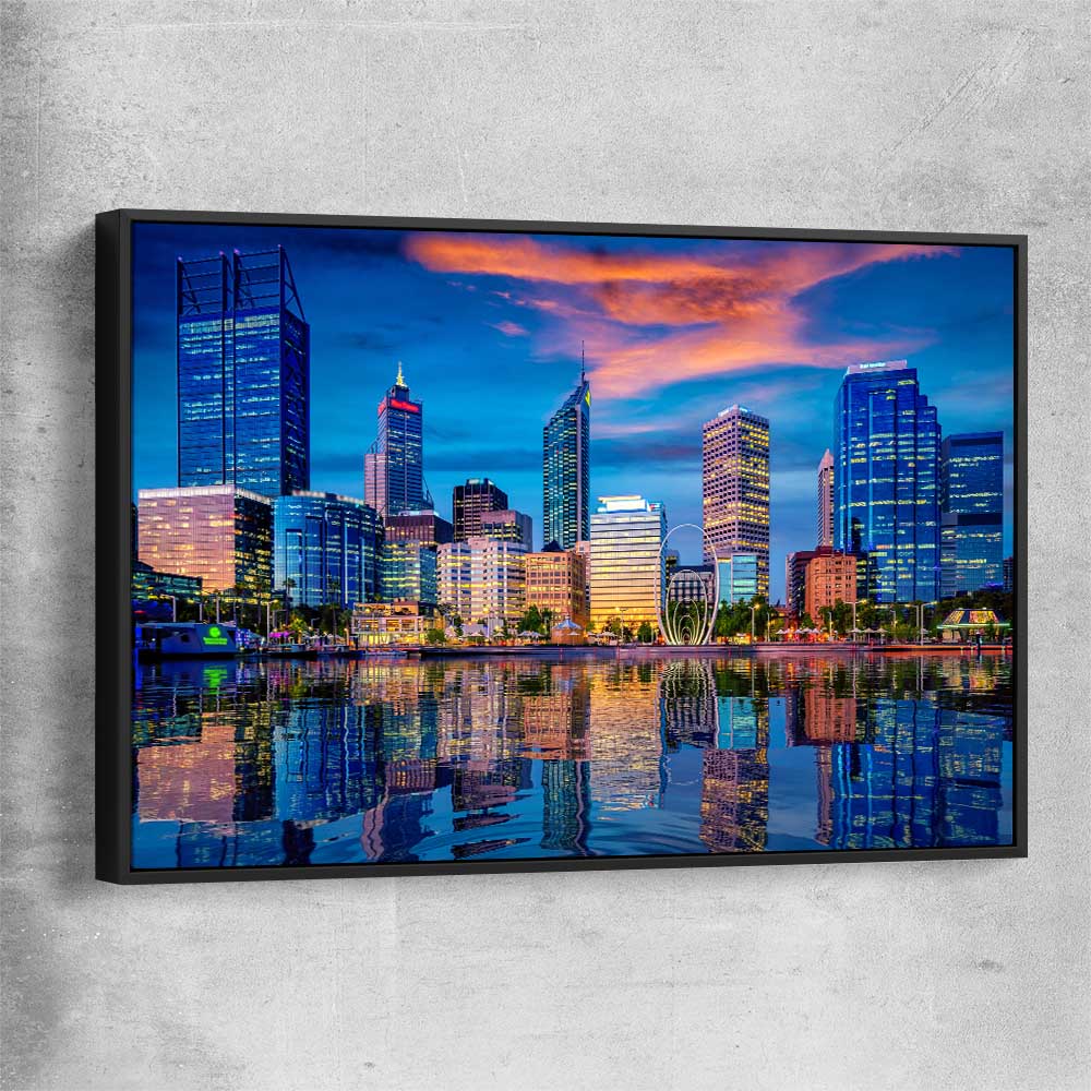 Perth Skyline Sunset black framed canvas is a high quality print in our city skyline, travel prints and maps collection