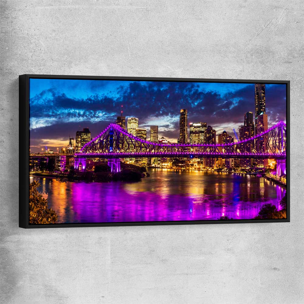 Story Bridge Glow black framed canvas is a high quality print in our city skyline, travel prints and maps collection