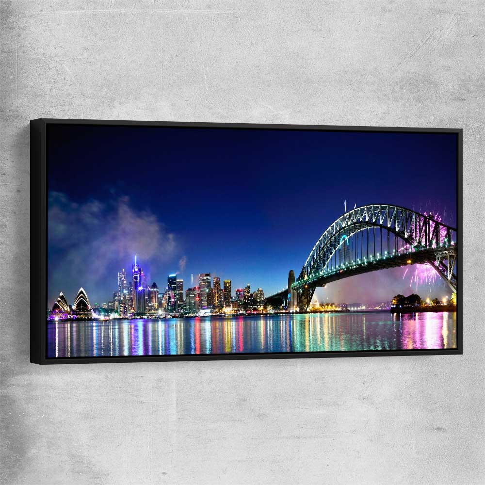 Sydney Harbour Lights black framed canvas is a high quality print in our city skyline, travel prints and maps collection
