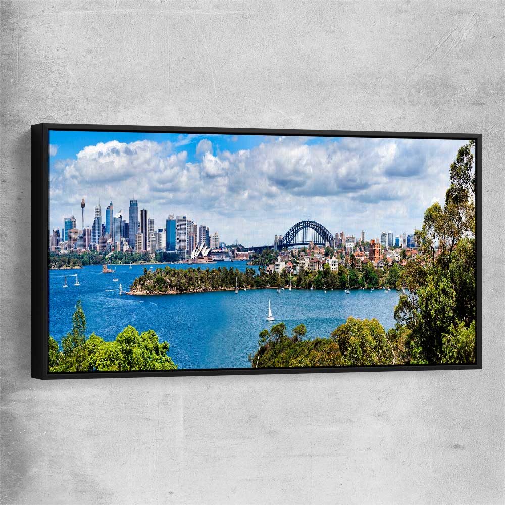 Sydney Harbour Panorama black framed canvas is a high quality print in our city skyline, travel prints and maps collection