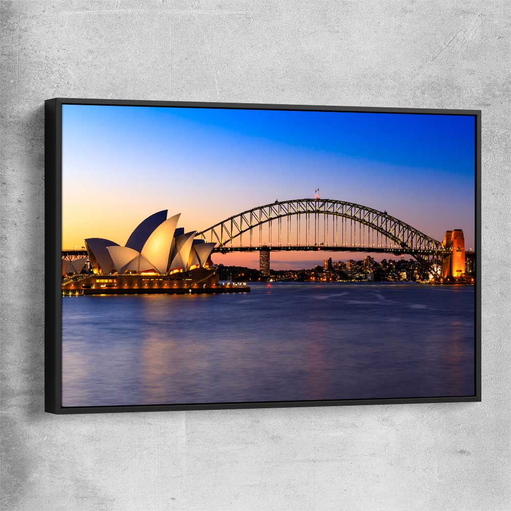 Sydney Harbour Sunset black framed canvas is a high quality print in our city skyline, travel prints and maps collection