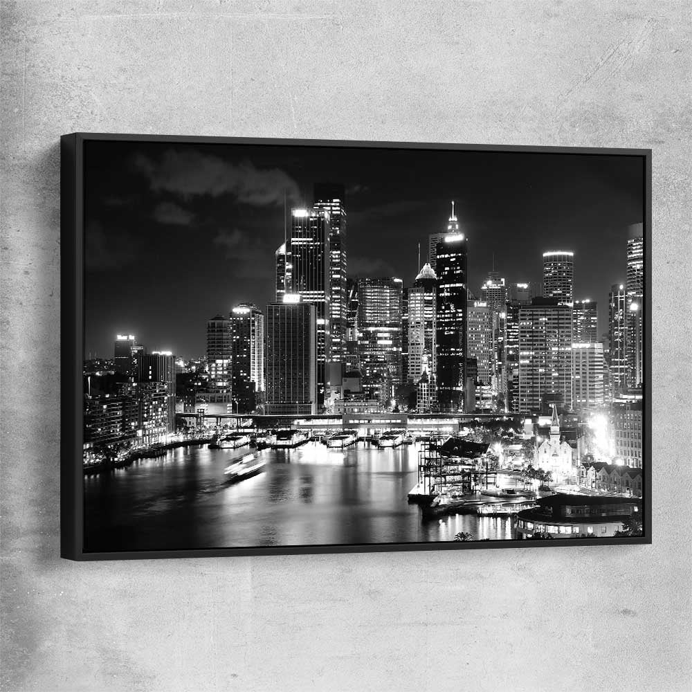 Sydney Night Skyline black framed canvas is a high quality print in our city skyline, travel prints and maps collection