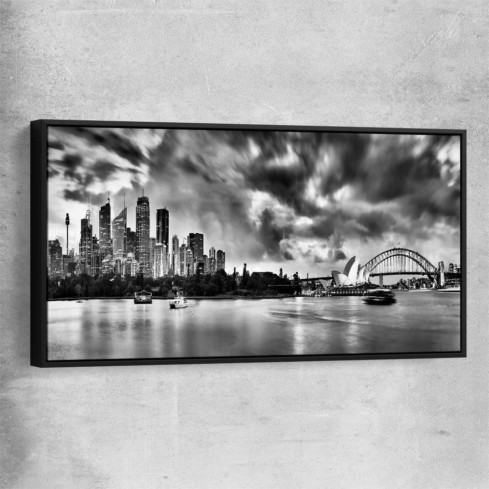 Sydney Skyline Noir black framed canvas is a high quality print in our city skyline, travel prints and maps collection