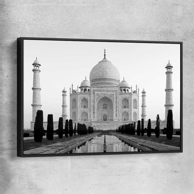 Taj Mahal View black framed canvas is a high quality print in our city skyline, travel prints and maps collection