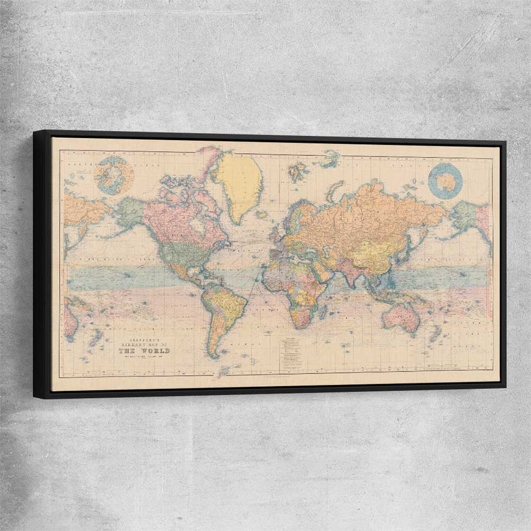 Vintage Map Colour black framed canvas is a high quality print in our city skyline, travel prints and maps collection