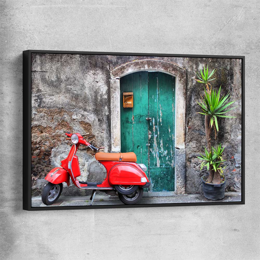 Vintage Red Scooter black framed canvas is a high quality print in our city skyline, travel prints and maps collection